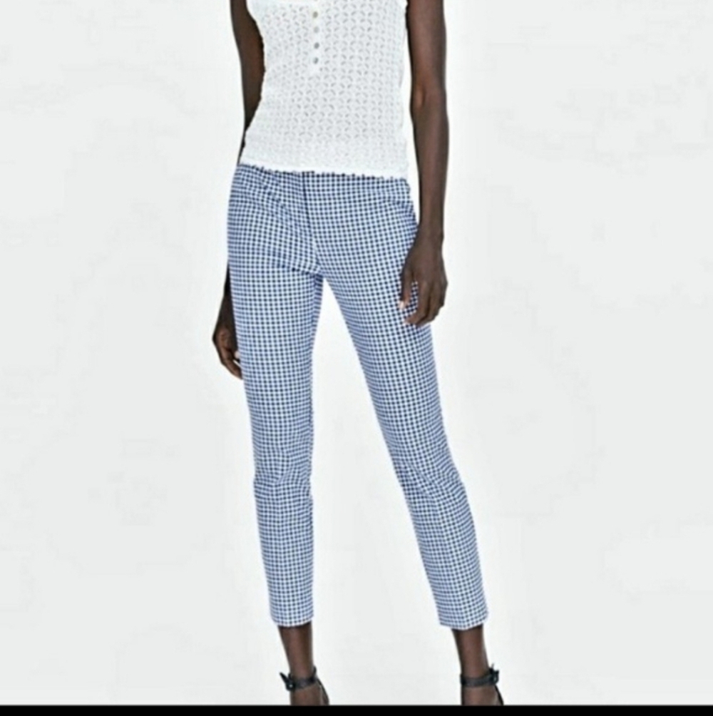 Zara Blue & White Gingham Checkered Chino Ankle Pants Size Medium
